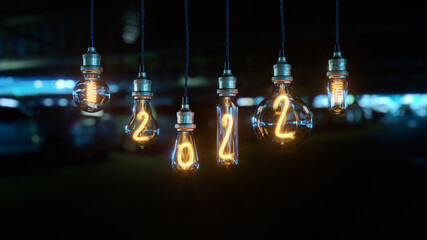 Light bulb New Year background. Edison light bulb. 2022 year. 3d rendering