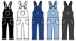 Jean Overalls Clipart Set - Outline, Silhouette and Blue Color