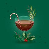 Kieliszek wina i świąteczne dekoracje do świętowania Bożego Narodzenia i Nowego Roku. Koktajl z żurawiną w wysokiej szklance. Celebracja zimy, koncept świąt i imprezy.