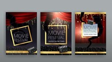 Show Time, Cinema And Theatre Hall With Seats  Red Velvet Curtains. Shining Light Bulbs Vintage And Luxury Festival Flyer Templates