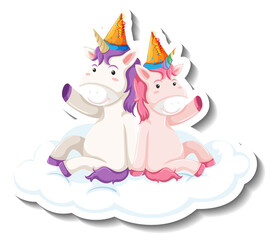 Sticker - Cute unicorns sitting on the cloud cartoon sticker