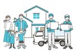 © ニワトコ - 家族と家とトラックと荷物(段ボール)を持つ男女の引っ越し業者のベクターイラスト素材／引越し／業者／段ボール