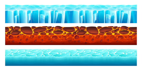 Wall Mural - game grounds with seamless texture of ice, water and lava. vector cartoon set of platforms for game 