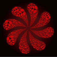 Red Plantation Icon Centrifugal Bang Turbine Salute Shape On Red Dark Gradient Background. Flower Centrifugal Explosion Organized From Red Random Plantation Items.