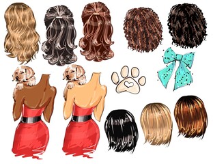 Fashionable girl with dog clipart, hairstyles and skin variations 