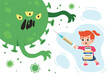 Vaccinated girl with syringe as sword and bottle of vaccine as shield is fighting with coronavirus monster. Vector illustration about vacctination of children in flat style.