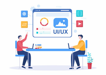 UI & UX Programmer Flat Design Vector Illustration for Business Information and Team Sharing Ideas with Designer, Coding, Interface or Software App Development
