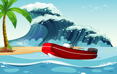 Wall Mural - Beach scene with dinghy boat on sea wave