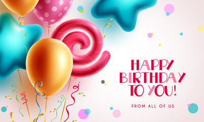 Birthday greeting vector background design. Happy birthday to you text with colorful shape balloon bunch element in circle dots decoration for birth day kids party. Vector illustration.
