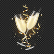Transparent realistic two glasses of champagne with ribbons and confetti, for dark background, isolated.