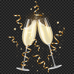 Wall Mural - Transparent realistic two glasses of champagne with ribbons and confetti, for dark background, isolated.