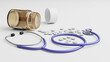 Stethoscope and  medicine bottle. The tablets are scattered. Medical equipment. 3D rendered illustration.