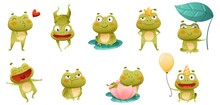 Cute Funny Frogs Set. Green Toads Cartoon Characters Having Fun In Pond Vector Illustration