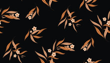 Seamless Pattern With Brown Floral Twigs On A Dark Background. Autumn Floral Pattern With Old Fashioned Design. Arrangement Of Falling Twigs With Small Flowers And Long Leaves. Vector.