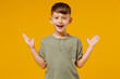 © ViDi Studio - Little small smiling amazed happy boy 6-7 years old wear green casual t-shirt look camera spread hands isolated on plain yellow background studio portrait Mother's Day love family lifestyle concept