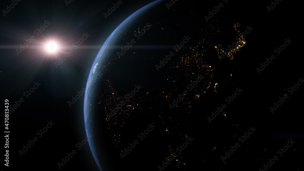 A cinematic rendering of planet Earth during sunrise as view from space ...
