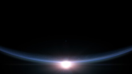 Wall Mural - A cinematic rendering of planet Earth during sunrise as view from space with vibrant blue atmosphere and cloudy sky showing continents below