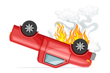 Canvas Print - Red car turned upside down in fire. Damaged vehicle, auto insurance case vector illustration