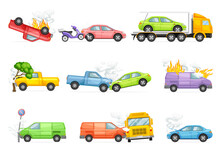 Road Traffic Accidents And Car Crashes Set. Auto Insurance Cases Vector Illustration