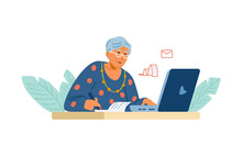 Senior Woman Working On Laptop Paying Bills Online, Managing Business Remotely. Flat Vector Illustration. Isolated On White.