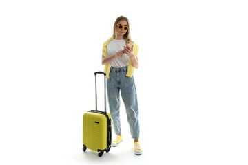 Attractive girl isolated on white background, travel concept