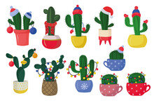  Green Christmas New Year Cacti In Pots In A Flat Style Isolated On A White Background. Cactus Christmas Tree With Garland, Santa Claus Hat, Knitted Hat And Scarf And Decorations