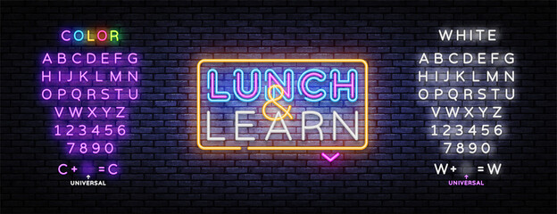 Lunch And Learn neon sign vector design template. Lunch And Learn neon logo, light banner, design element, night bright advertising, bright sign. Vector illustration. Editing text neon sign