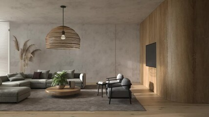 Scandinavian style interior apartment. Living room design with boho natural wooden furniture. 3d rendering video animation scene.
