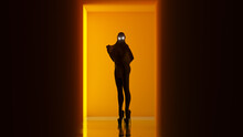 Woman Witchcraft Demon Wrapped Black Plastic Orange Corridor With A Polished Floor Creepy Halloween Horror Woman 3d Illustration Render	