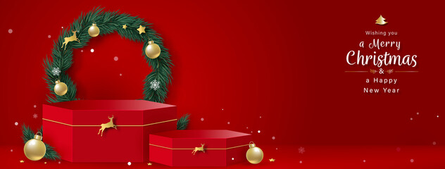 Christmas theme stage podium mock up for product placement on red banner background