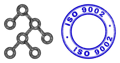 Sticker - Hatched irregular mesh binary structure icon, and ISO 9002 scratched round seal. Abstract lines form binary structure object. Blue seal has ISO 9002 tag inside circle form.