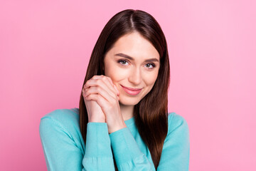 Sticker - Photo portrait of girl pretty happy smiling cute nice keeping hands together isolated on pastel pink color background