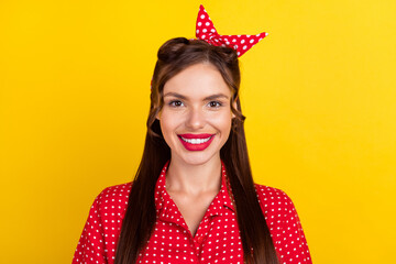 Poster - Photo portrait woman smiling wearing stylish dotted outfit isolated bright yellow color background