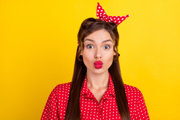 Sticker - Photo of pretty adorable young woman dressed red clothes sending you kiss isolated yellow color background