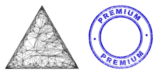 Sticker - Carcass irregular mesh filled triangle icon with Premium Coffee Beans dirty round seal print. Abstract lines form filled triangle object.