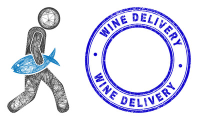 Sticker - Wire frame irregular mesh fish courier icon with Wine Delivery dirty round stamp. Abstract lines form fish courier picture. Blue stamp has Wine Delivery text inside round form.