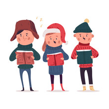 Christmas Carols. Cute Kid Choir With Books Vector Cartoon Illustration Isolated On A White Background.