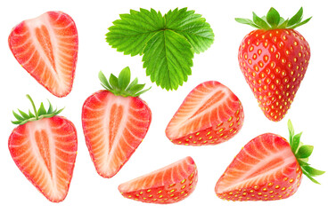 Canvas Print - Isolated strawberries. Collection of fresh strawberry fruits whole and cut into pieces with stem and leaf, isolated on white background