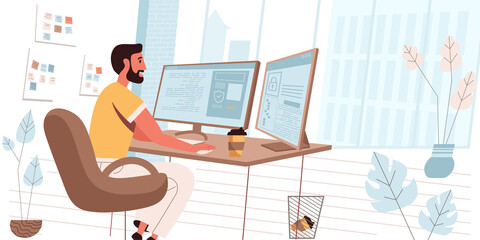 Programmer working people concept in modern flat design. Man developer work in office, creates software, coding, testing and optimization programs, person scene. Vector illustration for web banner