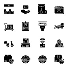 Postal service black solid icons set 2 with white background.