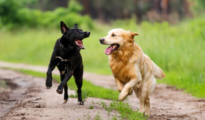 Golden retriever dog and black shepherd running together with mouths opened outdoors in sunny day. Two purebred doggie pets playing at nature