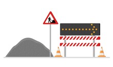 Road Works, Repairs. Installed Fences, A Detour Direction Indicator. Warning Road Signs.