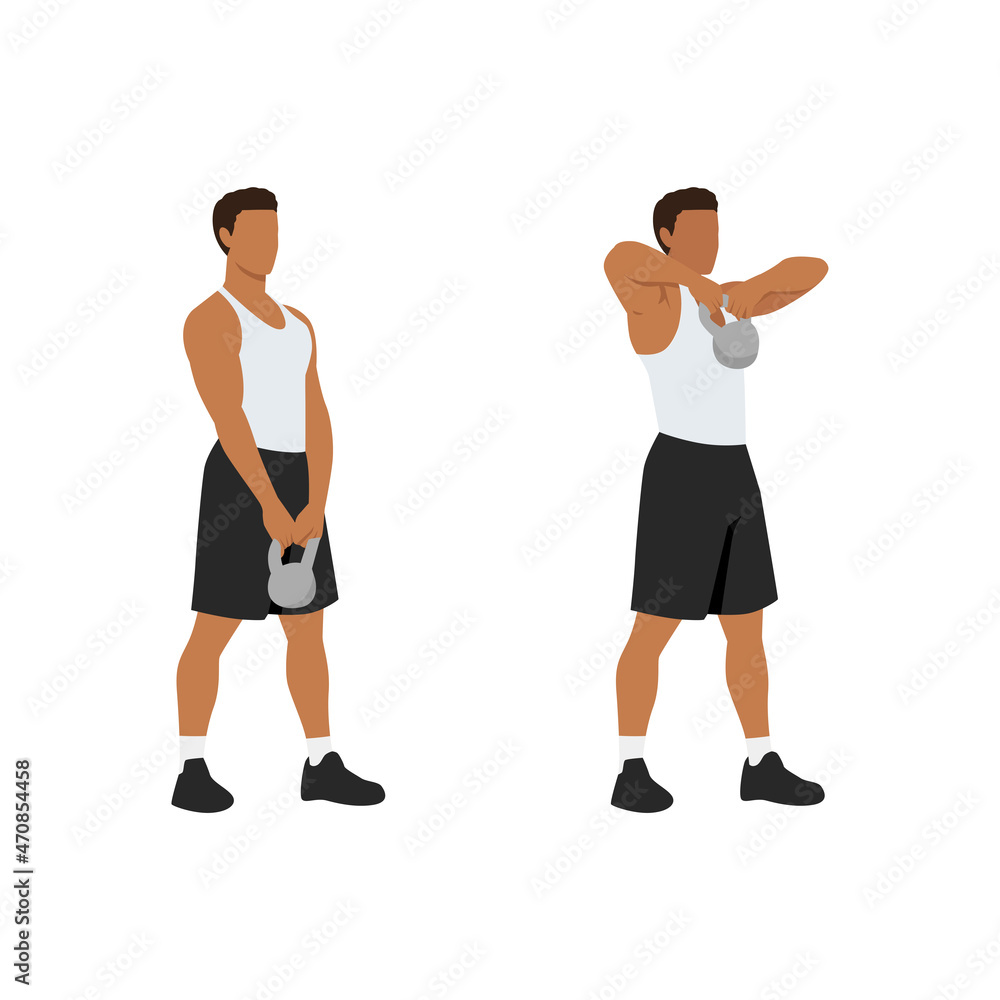 Man doing Upright kettlebell front rows exercise. Flat vector ...