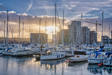 Wall Mural - Vejle inner marina harbor with modern apartments and small boats, Denmark