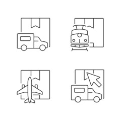 Sticker - International shipping transport types linear icons set. Delivery online request. Modern technology of cargo shipping. Customizable thin line contour symbols. Isolated vector outline illustrations