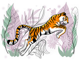 Fototapeta Dinusie - Vector illustration of a tiger in a jump. Tiger in the jungle
