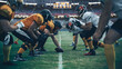 © Gorodenkoff - American Football Championship. Teams Ready: Professional Players, Aggressive Face-off, Ready for Pushing, Tackling. Competition Full of Brutal Energy, Power. Stadium Shot with Dramatic Light