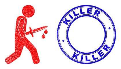 Vector bloody knife killer icon composition is made of scattered recursive bloody knife killer icons. Death Pays All Debts dirty blue round stamp seal. Recursion mosaic of bloody knife killer icon.