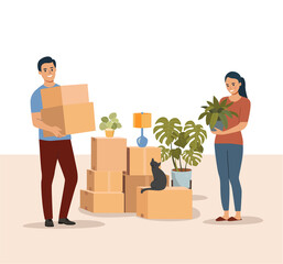 Wall Mural - Young man and woman are  holding boxes and plant in the living room. Moving house.  Vector flat style illustration