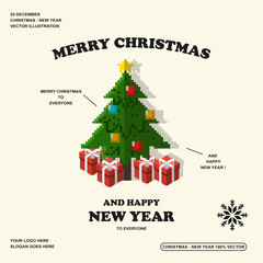 Wall Mural - Christmas and new year simple design poster pixel pine tree and gift vector illustration